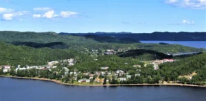 A fall scene of Crescent Lake from Charlie's Lookout. 